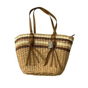 Style & Co Brown $99 Large Straw Tote  Faux Leather Handles